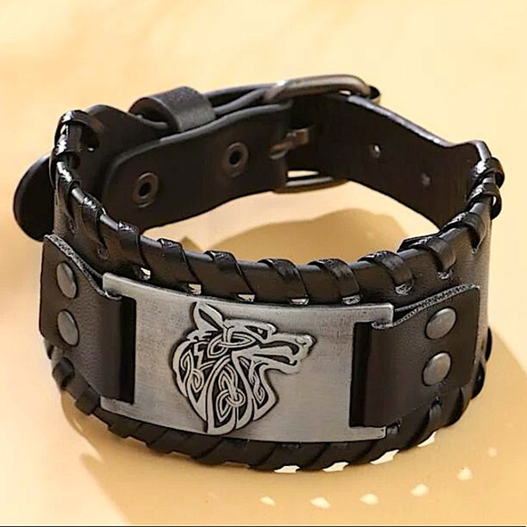 LEATHER WOLF HEAD VIKING STAINLESS STEEL BRACELET - Picture 3 of 8